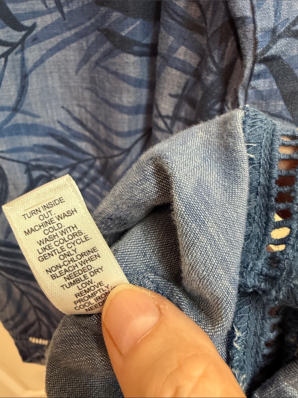 “Cato” Blue Denim-Look Leaf Print Mock Neck Top - Picture 8 of 8